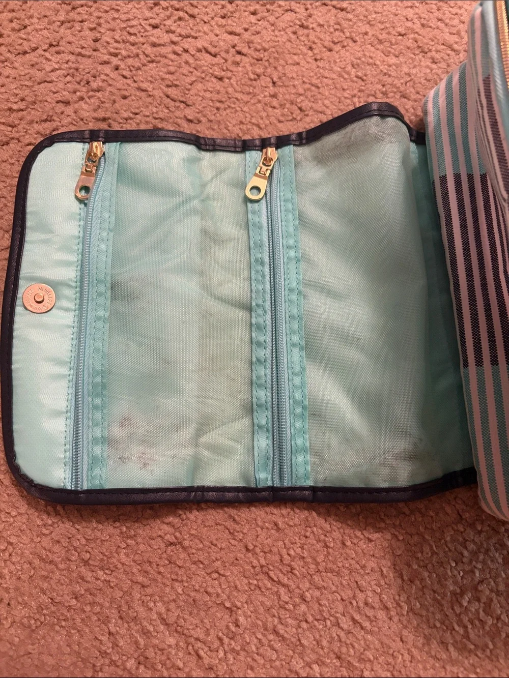 Striped Mint and Navy Fold-Over Women’s Cosmetic Clutch
